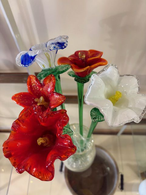 Handblown Glass Flowers and Vase