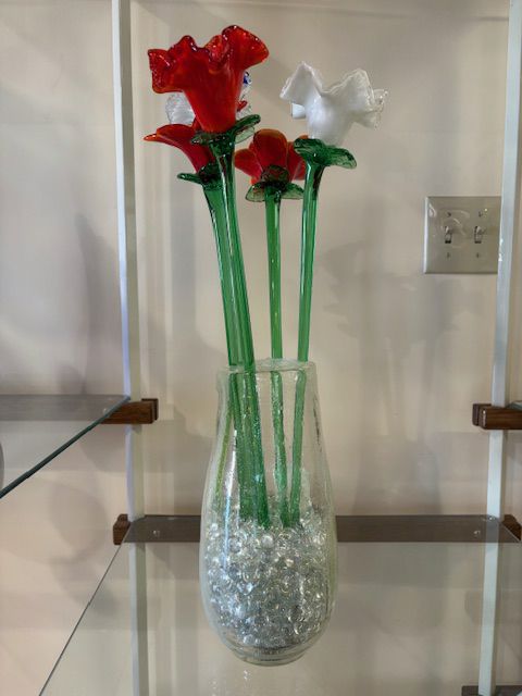 Handblown Glass Flowers and Vase